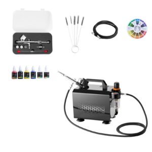 Airbrush Kit, 1/6 HP, Air Brush Kit with Air Compressor, 1 Dual-Action Professional Airbrush with 3 Tips, Hose, Acrylic Paint, Brush, Low Noise, for Cake Decorating, Model Painting, Nail Art