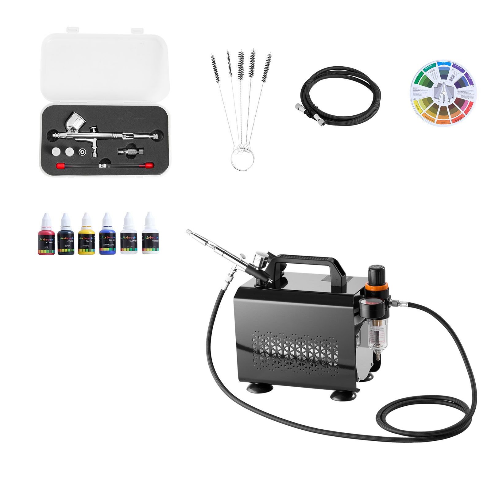 airbrush kit, 1/6 hp, air brush kit with air compressor, 1 dual action professional airbrush with 3 tips, hose, acrylic paint, brush, low noise, for cake decorating, model painting, nail art