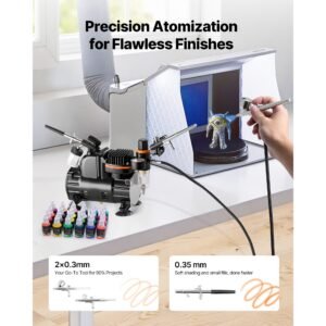 airbrush kit, 1/6 hp, air brush kit with air compressor, 3 dual action professional airbrushes with 3 tips, hose, acrylic paint, brush, low noise, for cake decorating, model painting, nail art