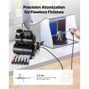 airbrush kit, 1/6 hp, air brush kit with air compressor and tank, 1 dual action professional airbrush with 1 tip, hose, acrylic paint, 2 fans, for cake decorating, model painting, nail art