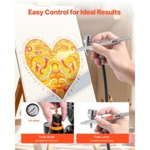 airbrush kit, 1/6 hp, air brush kit with air compressor and tank, 1 dual action professional airbrush with 1 tip, hose, acrylic paint, 2 fans, for cake decorating, model painting, nail art