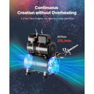 airbrush kit, 1/6 hp, air brush kit with air compressor and tank, 1 dual action professional airbrush with 1 tip, hose, acrylic paint, 2 fans, for cake decorating, model painting, nail art