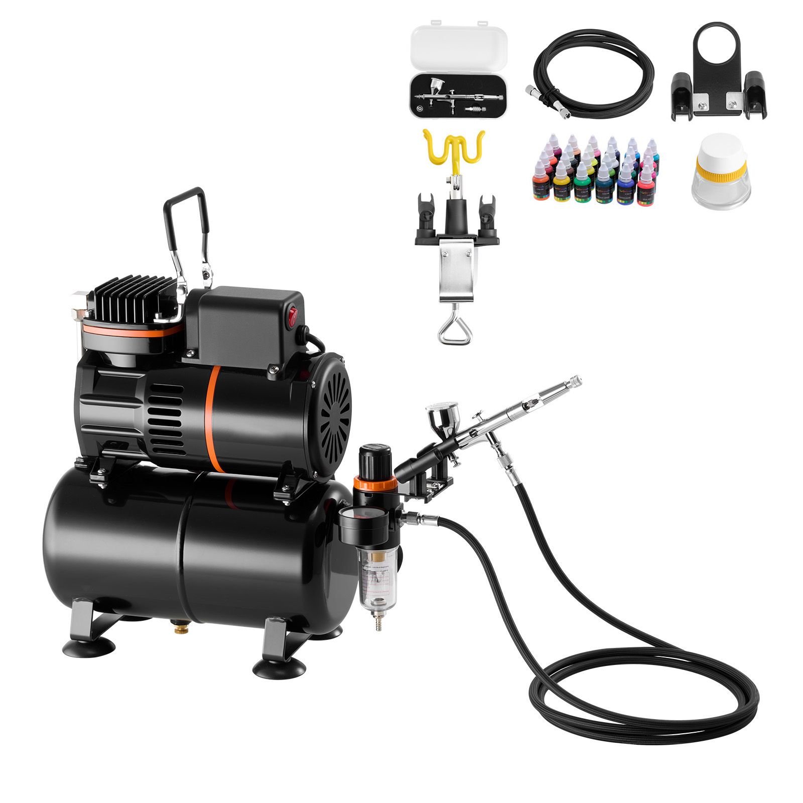 airbrush kit, 1/6 hp, air brush kit with air compressor and tank, 1 dual action professional airbrush with 1 tip, hose, acrylic paint, 2 fans, for cake decorating, model painting, nail art