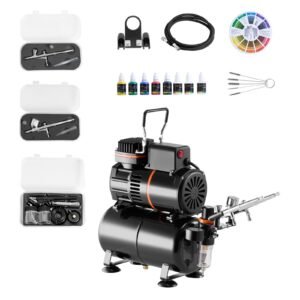 Airbrush Kit, 1/6 HP, Air Brush Kit with Air Compressor and Tank, 3 Dual-Action Professional Airbrushes with 3 Tips, Hose, Acrylic Paint, 2 Fans, for Cake Decorating, Model Painting, Nail Art