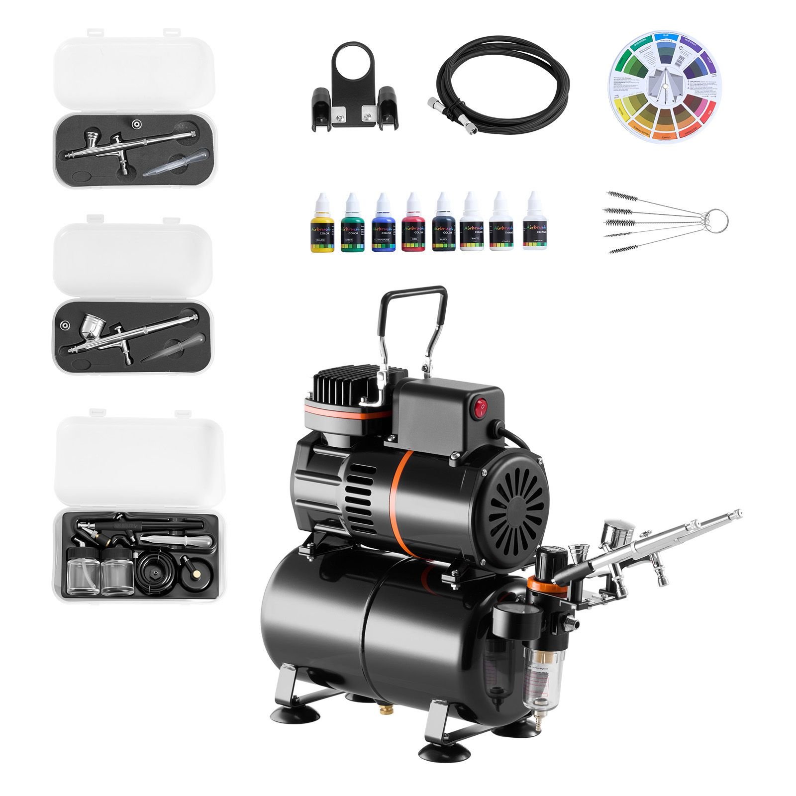airbrush kit, 1/6 hp, air brush kit with air compressor and tank, 3 dual action professional airbrushes with 3 tips, hose, acrylic paint, 2 fans, for cake decorating, model painting, nail art