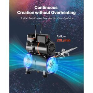airbrush kit, 1/6 hp, air brush kit with air compressor and tank, 3 dual action professional airbrushes with 3 tips, hose, acrylic paint, 2 fans, for cake decorating, model painting, nail art