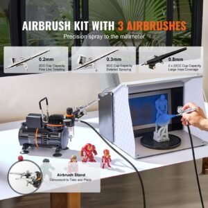 airbrush kit, dual fan air compressor professional airbrushing system kit with 3 airbrushes, holder, color mixing wheel, cleaning brush set, air brush set for art nail cookie tattoo makeup cake