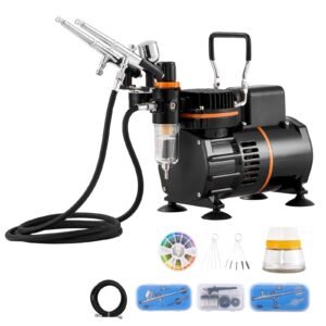Airbrush Kit, Dual Fan Air Compressor Professional Airbrushing System Kit with 3 Airbrushes, Holder, Color Mixing Wheel, Cleaning Brush Set, Air Brush Set for Art Nail Cookie Tattoo Makeup Cake