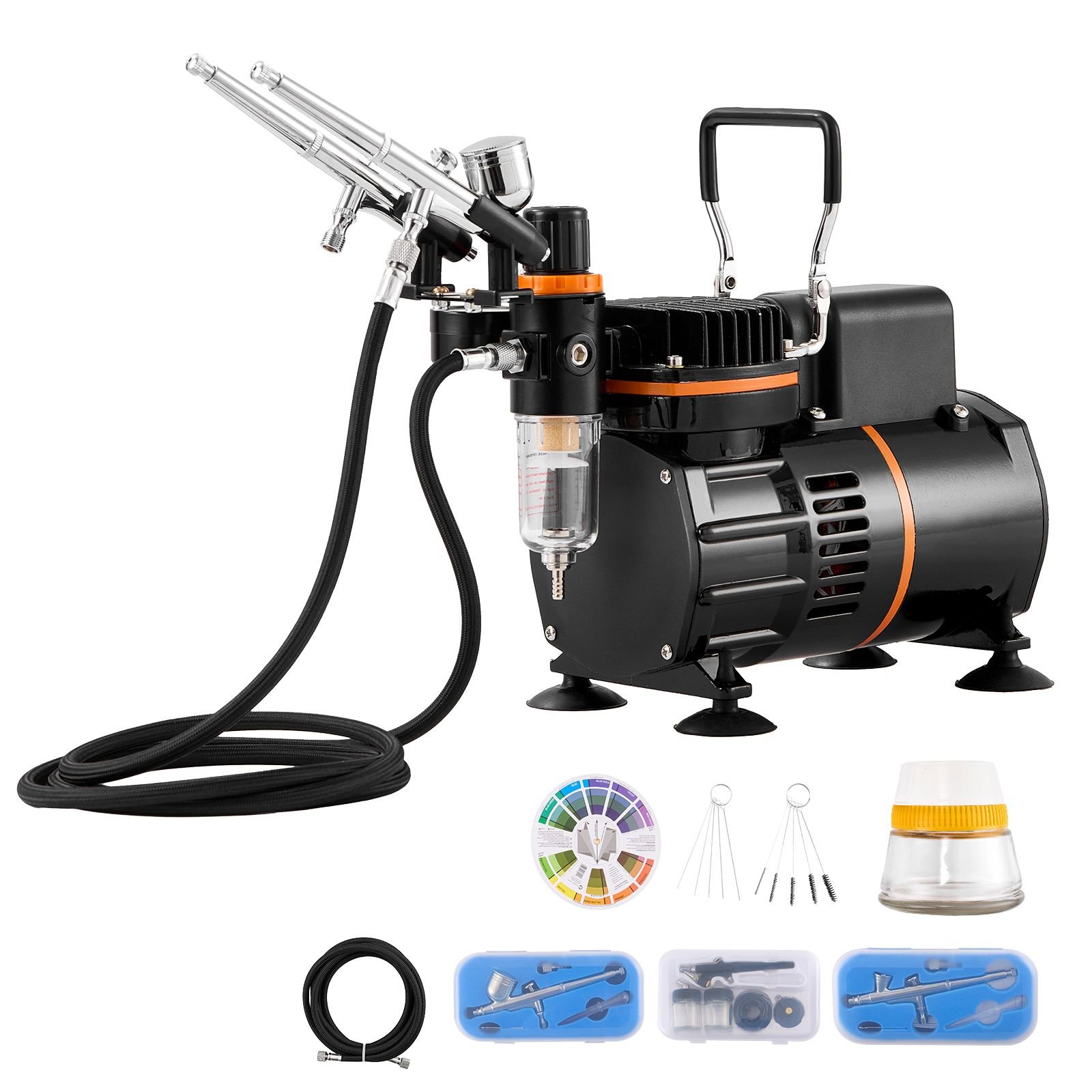 airbrush kit, dual fan air compressor professional airbrushing system kit with 3 airbrushes, holder, color mixing wheel, cleaning brush set, air brush set for art nail cookie tattoo makeup cake