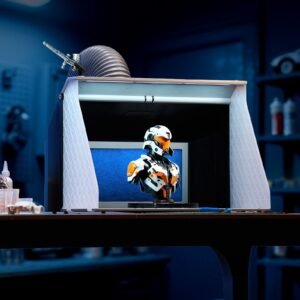 airbrush spray booth, dual fans, 21.5 x 18.7 x 14.6 in, portable hobby airbrush paint spray booth kit with 3 led lights and exhaust extension hose, for painting models, arts, crafts, cakes