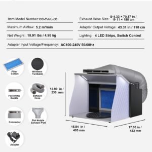 airbrush spray booth, portable hobby airbrush paint spray booth kit with 4 led light, powerful dual exhaust fans, turntable and 6 ft extension hose, for painting models, arts, crafts, cakes