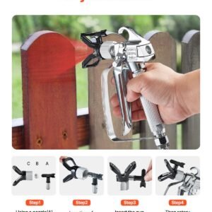 airless paint spray gun, 3600psi high pressure airless paint sprayer gun with 5 tips, 211, 315, 417, 517, 623, swivel joint airless spray gun kit with filters, cleaning needle and brush