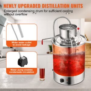 alcohol still, 15 gal 50l water alcohol distiller, home distillery kit include stainless steel tube & pump & one way exhaust valve & thermometer (30 120 celsius) for whisky wine brandy, silver