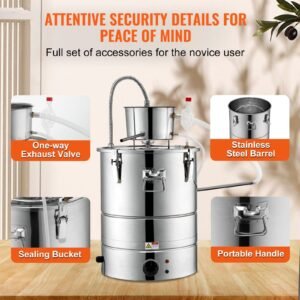 alcohol still, 15 gal 50l water alcohol distiller, home distillery kit include stainless steel tube & pump & one way exhaust valve & thermometer (30 120 celsius) for whisky wine brandy, silver