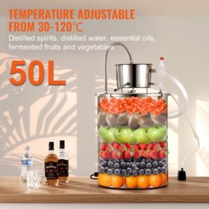 alcohol still, 15 gal 50l water alcohol distiller, home distillery kit include stainless steel tube & pump & one way exhaust valve & thermometer (30 120 celsius) for whisky wine brandy, silver
