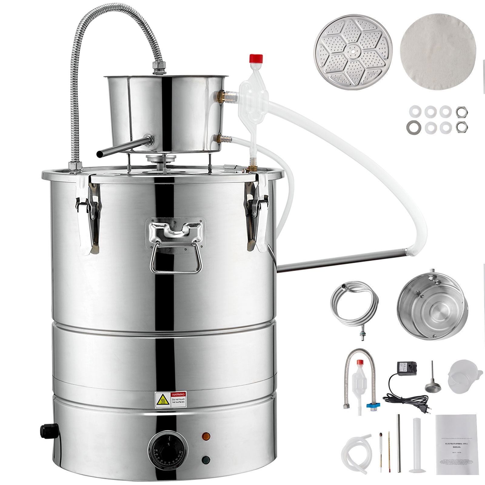 alcohol still, 15 gal 50l water alcohol distiller, home distillery kit include stainless steel tube & pump & one way exhaust valve & thermometer (30 120 celsius) for whisky wine brandy, silver