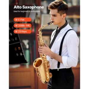 alto saxophone, e flat, brass saxophone beginner kit with carrying case, mouthpiece, straps, cleaning cloth rod, gloves, grease, neck strap, 23 keys alto sax kit, for beginners students, gold