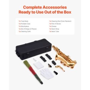alto saxophone, e flat, brass saxophone beginner kit with carrying case, mouthpiece, straps, cleaning cloth rod, gloves, grease, neck strap, 23 keys alto sax kit, for beginners students, gold