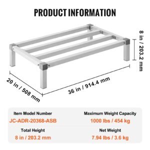 aluminum dunnage rack, 36' x 20' commercial food floor rack, 8' off the floor, 1000 lbs capacity all welded aluminum storage rack, for storage in restaurants, kitchens, garages and vehicles