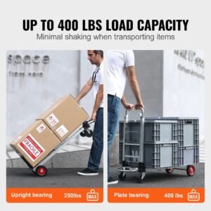 aluminum folding hand truck, 2 in 1 design 400 lbs capacity, heavy duty industrial collapsible cart, dolly cart with rubber wheels for transport and moving in warehouse, supermarket, garden