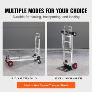 aluminum folding hand truck, 2 in 1 design 400 lbs capacity, heavy duty industrial collapsible cart, dolly cart with rubber wheels for transport and moving in warehouse, supermarket, garden