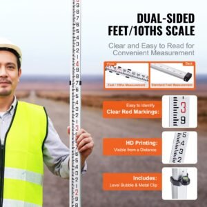 aluminum grade rod, 14 feet/10ths 6 sections telescopic measuring rod,double sided scale 1/10 ft leveling rod stick,aluminum alloy survey rod w/ bubble level&carrying bag for houses,walls,floors