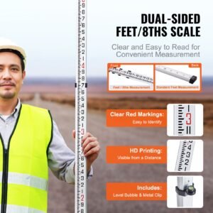 aluminum grade rod, 14 feet/8ths 4 sections telescopic measuring rod, double sided scale 1/8in leveling rod stick, aluminum alloy survey rod w/ bubble level &carrying bag for houses,walls,floors