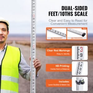 aluminum grade rod, 16 feet/10ths 4 sections telescopic measuring rod,double sided scale 1/10ft leveling rod stick,aluminum alloy survey rod w/ bubble level &carrying bag for houses,walls,floors