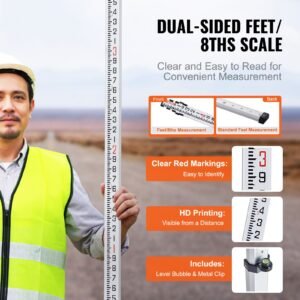 aluminum grade rod, 16 feet/8ths 4 sections telescopic measuring rod,double sided scale 1/8in leveling rod stick,aluminum alloy survey rod with bubble level &carrying bag for houses,walls,floors