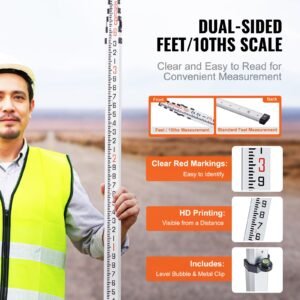 Aluminum Grade Rod, 18-Feet/10ths 6 Sections Telescopic Measuring Rod,Double-Sided Scale 1/10ft Leveling Rod Stick,Aluminum Alloy Survey Rod w/ Bubble Level &Carrying Bag for Houses,Walls,Floors