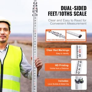 aluminum grade rod, 20 feet/10ths 6 sections telescopic measuring rod,double sided scale 1/10ft leveling rod stick, aluminum alloy survey rod w/ bubble level &carrying bag for houses,walls,floor