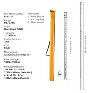 aluminum grade rod, 9 feet/10ths 3 sections telescopic measuring rod,double sided scale 1/10ft leveling rod stick,aluminum alloy survey rod with bubble level&carrying bag for houses,walls,floors