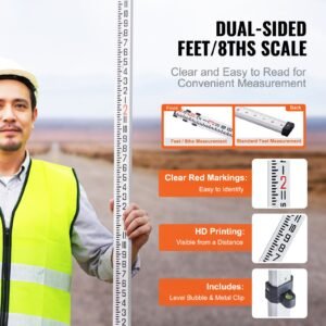 aluminum grade rod, 9 feet/8ths 3 sections telescopic measuring rod, double sided scale 1/8in leveling rod stick,aluminum alloy survey rod with bubble level &carrying bag for houses,walls,floors