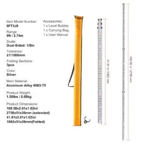 aluminum grade rod, 9 feet/8ths 3 sections telescopic measuring rod, double sided scale 1/8in leveling rod stick,aluminum alloy survey rod with bubble level &carrying bag for houses,walls,floors