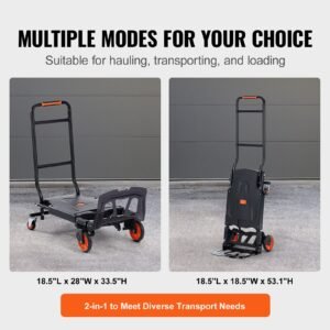 aluminum hand truck, 2 in 1, 300 lbs load capacity, heavy duty industrial convertible folding hand truck and dolly, utility cart converts from hand truck to platform cart with rubber wheels