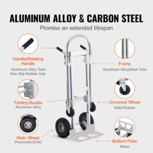 aluminum hand truck, 2 in 1, 800 lbs load capacity, heavy duty industrial convertible folding hand truck and dolly, utility cart converts from hand truck to platform cart with rubber wheels