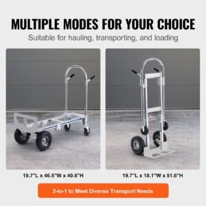 aluminum hand truck, 2 in 1, 800 lbs load capacity, heavy duty industrial convertible folding hand truck and dolly, utility cart converts from hand truck to platform cart with rubber wheels