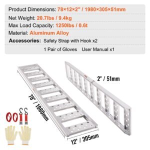 aluminum ramps, 1250lbs, straight ramp with treads and load straps, portable loading ramp for motorcycles, atvs, trucks, lawn mower, dirt bike, garden tractor, 78"l x 12"w, 2pcs