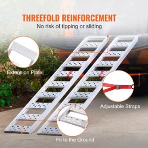 aluminum ramps, 1250lbs, straight ramp with treads and load straps, portable loading ramp for motorcycles, atvs, trucks, lawn mower, dirt bike, garden tractor, 78"l x 12"w, 2pcs