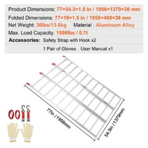 aluminum ramps, 1500 lbs, tri fold ramp with load straps, folding loading ramp for motorcycle, tractor, atv/utv, trucks, lawn mower, snow blower, 77"l x 54"w, 1 pc
