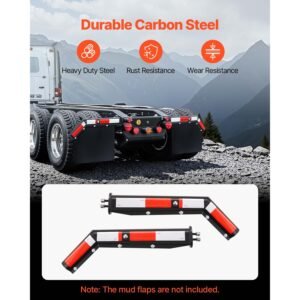 angled spring loaded mud flap hangers, 1 1/8" bolt spacing mudflap hangers for semi trucks, 1 pair heavy duty semi truck mud flap hanger set with reflective strips, black