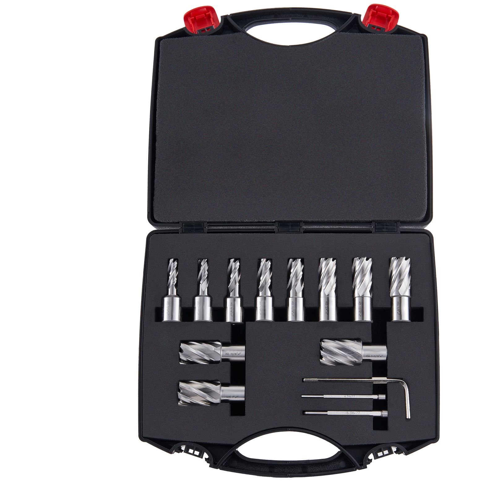 annular cutter set, 13 pcs weldon shank mag drill bits, 7/16" to 1 1/16" cutting diameter, 1" cutting depth, m2al hss, 2 pilot pins, hex wrench and portable case, for using with magnetic drills