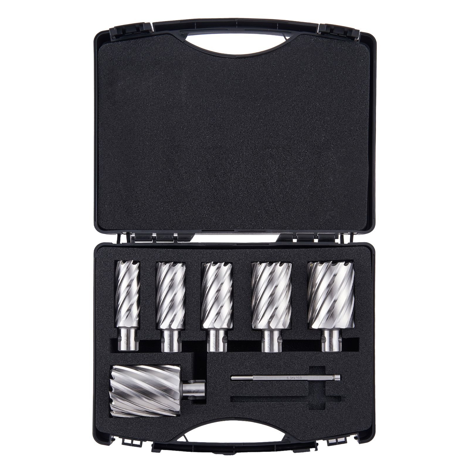 annular cutter set, 6 pcs universal shank mag drill bits, 1" to 2" cutting diameter, 2" cutting depth, m2al high speed steel, with 2 pilot pins and portable case, for using with magnetic drills