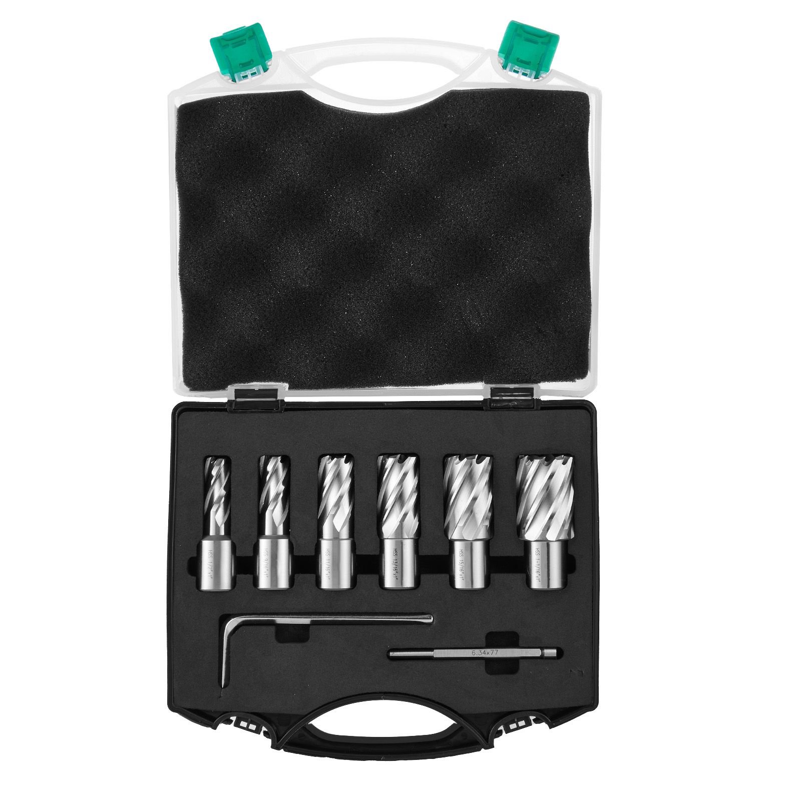 annular cutter set, 6 pcs weldon shank mag drill bits, 1/2" to 1 1/16" cutting diameter, 1" cutting depth, m2al high speed steel, with pilot pin and portable case, for using with magnetic drills
