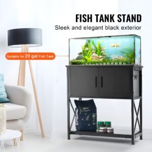 aquarium stand, 29 gallon fish tank stand, 28.7 x 16.5 x 30 in steel and mdf turtle tank stand, 242.5 lbs load capacity, reptile tank stand with storage cabinet and embedded power panel, black