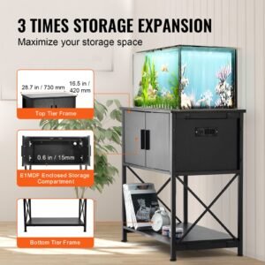 aquarium stand, 29 gallon fish tank stand, 28.7 x 16.5 x 30 in steel and mdf turtle tank stand, 242.5 lbs load capacity, reptile tank stand with storage cabinet and embedded power panel, black