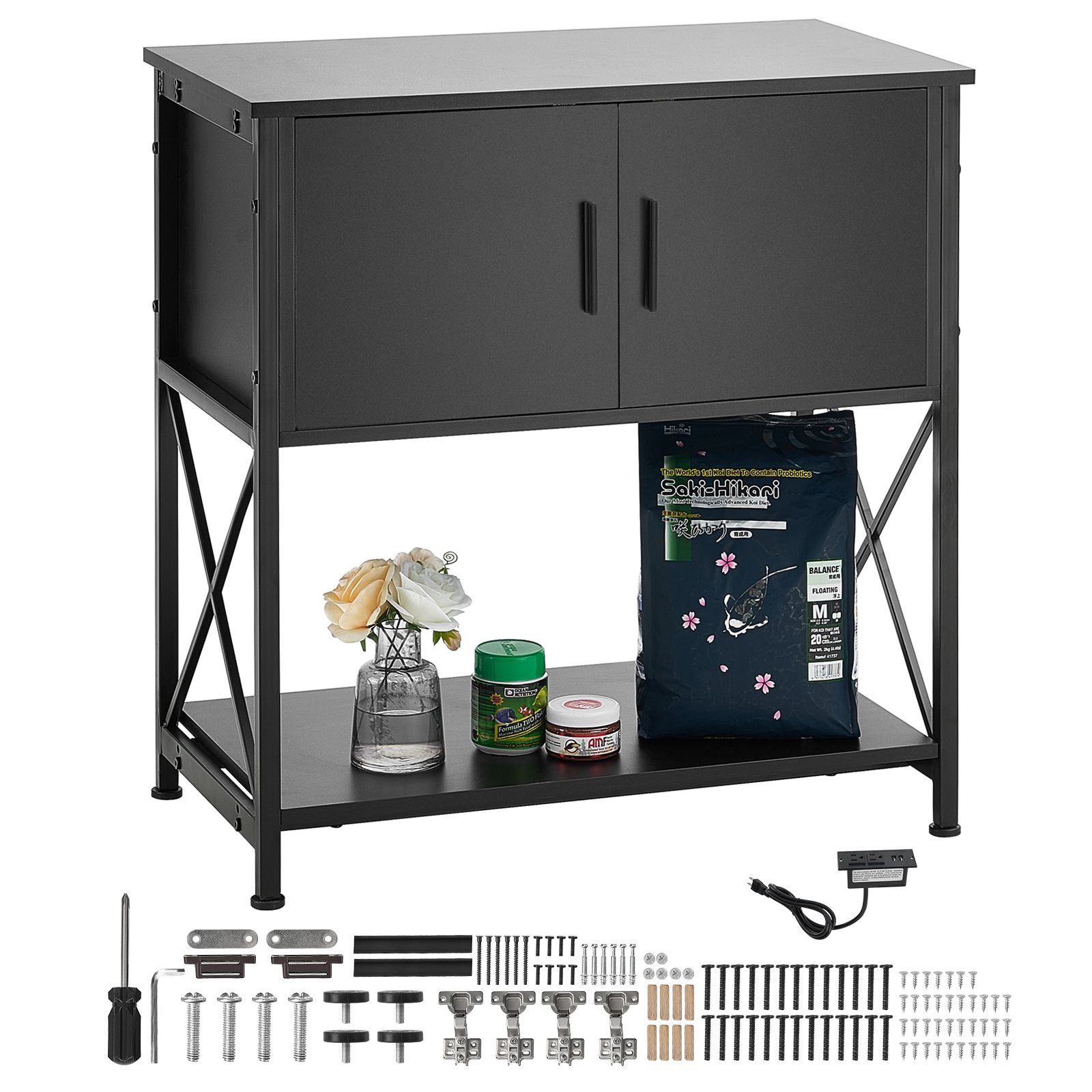 aquarium stand, 29 gallon fish tank stand, 28.7 x 16.5 x 30 in steel and mdf turtle tank stand, 242.5 lbs load capacity, reptile tank stand with storage cabinet and embedded power panel, black
