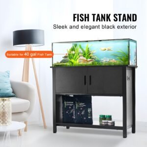 aquarium stand, 40 gallon fish tank stand, 36.6 x 18.9 x 31.5 in steel and mdf turtle tank stand, 335 lbs load capacity, reptile tank stand with storage cabinet and embedded power panel, black