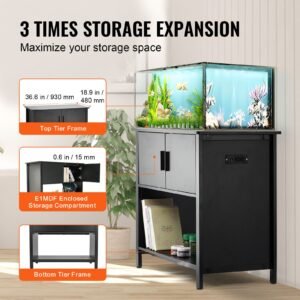 aquarium stand, 40 gallon fish tank stand, 36.6 x 18.9 x 31.5 in steel and mdf turtle tank stand, 335 lbs load capacity, reptile tank stand with storage cabinet and embedded power panel, black