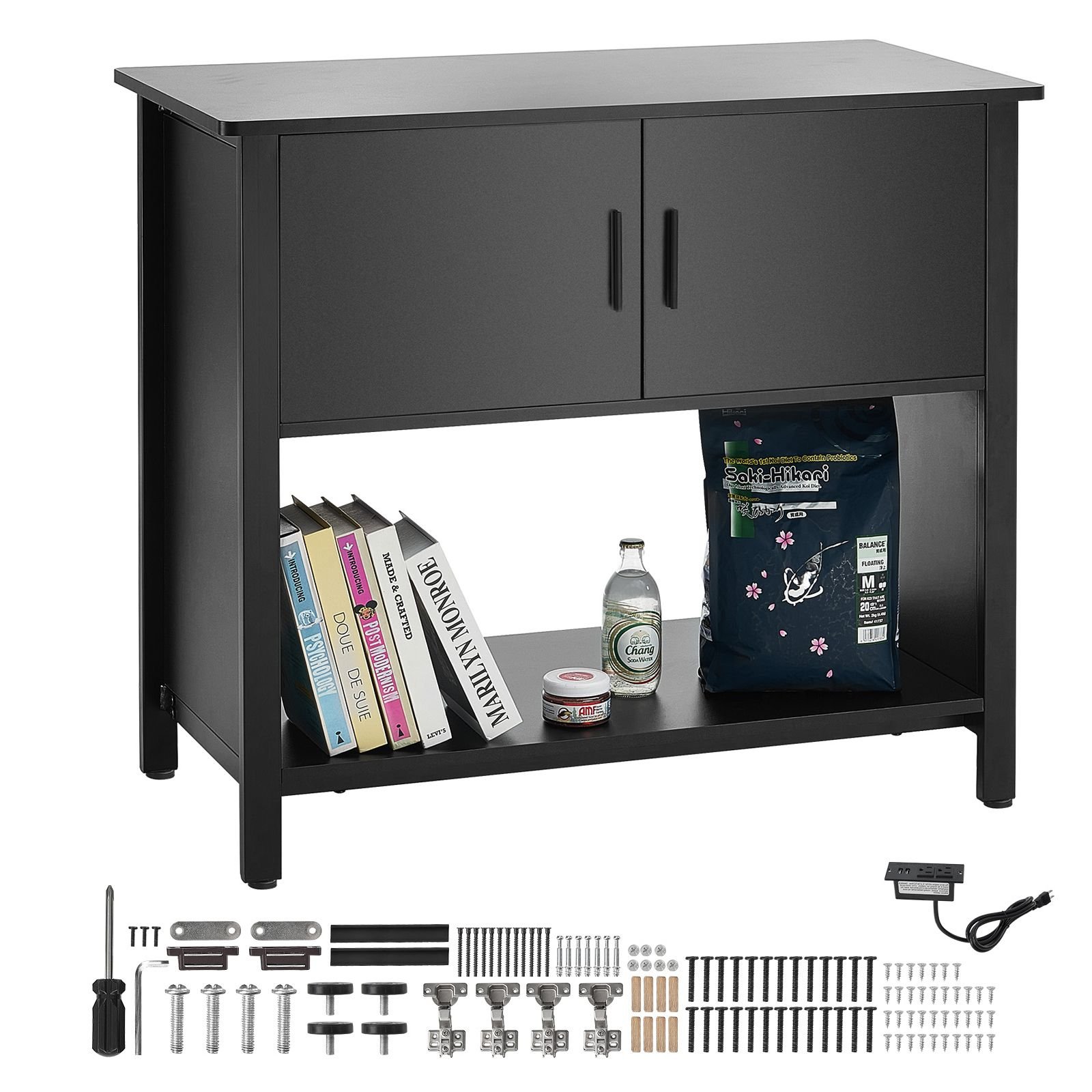 aquarium stand, 40 gallon fish tank stand, 36.6 x 18.9 x 31.5 in steel and mdf turtle tank stand, 335 lbs load capacity, reptile tank stand with storage cabinet and embedded power panel, black